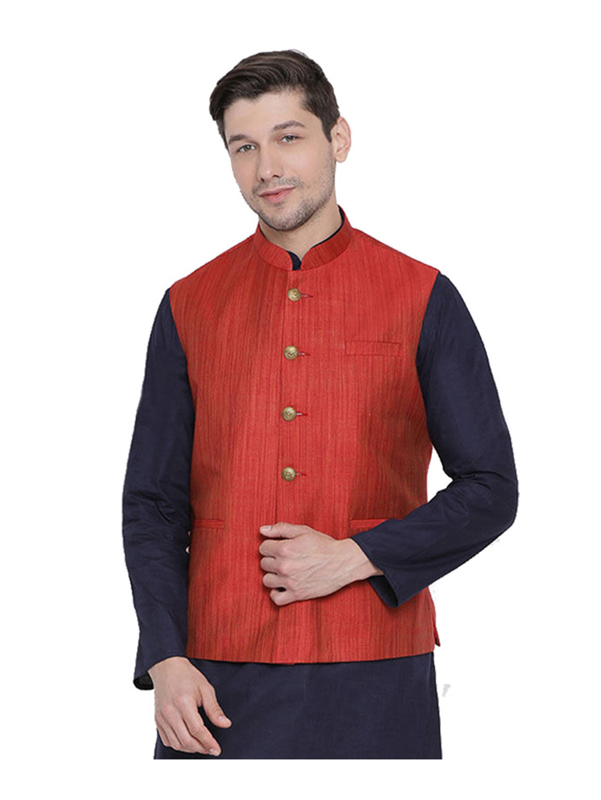 Men's Red  Nehru Jacket Banglori Silk Jodhpuri Mandarin Collar Sleeveless Solid Waistcoat