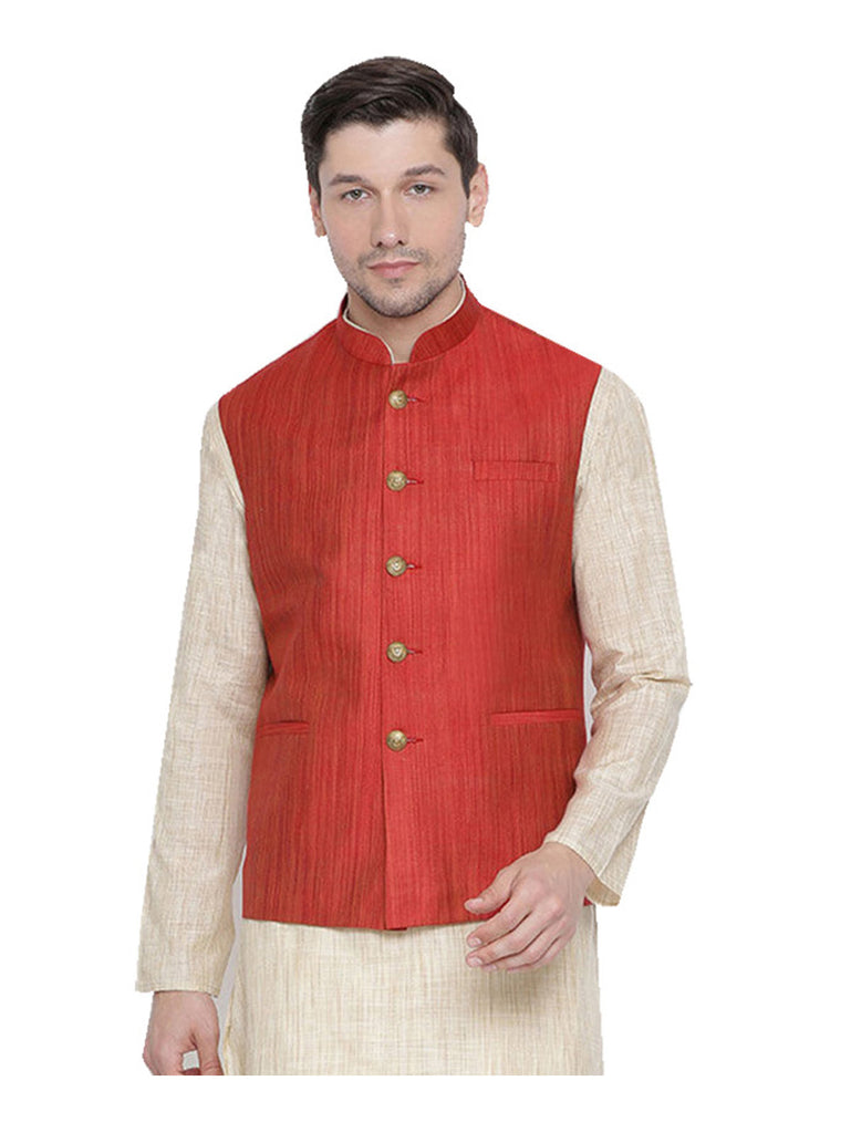Men's Red Color Indian Nehru Jacket||Banglori Silk Jodhpuri Mandarin Collar Sleeveless Solid Waistcoat