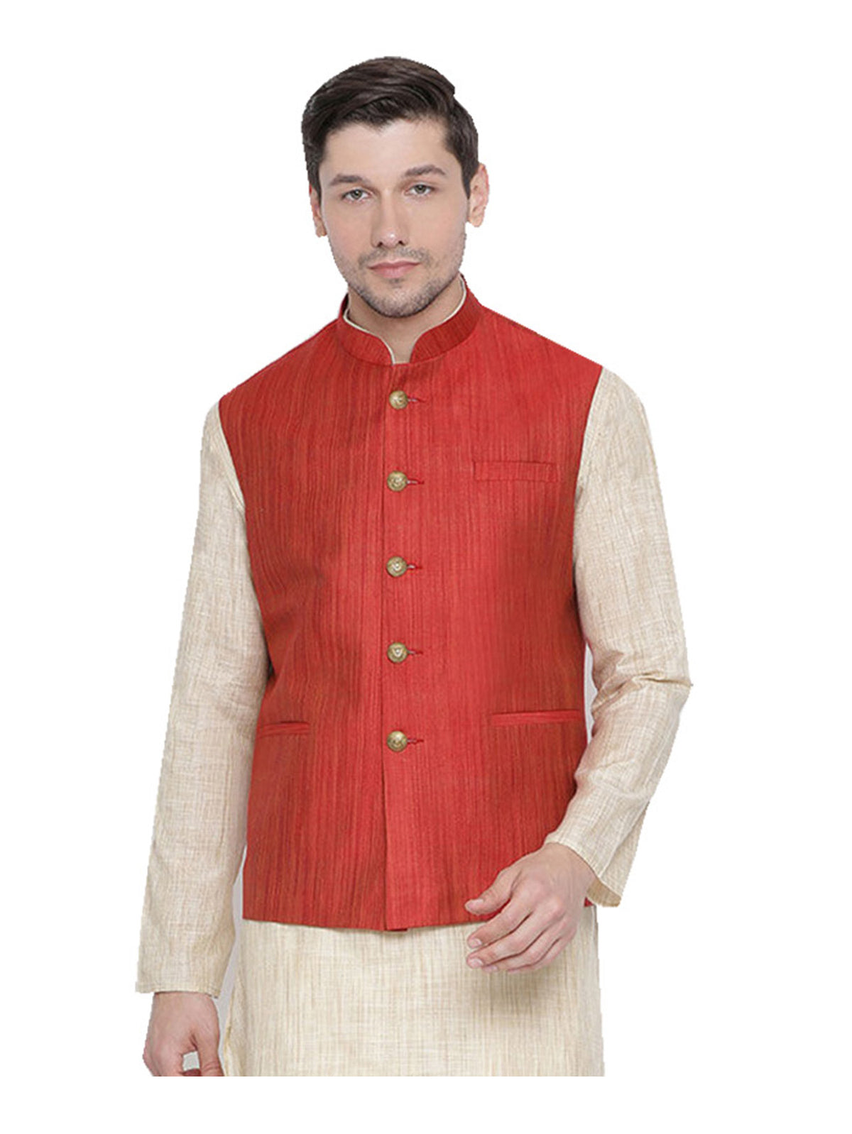 Men's Red  Nehru Jacket Banglori Silk Jodhpuri Mandarin Collar Sleeveless Solid Waistcoat