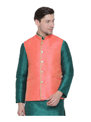 Men's Peach Color Indian Nehru Jacket||Banglori Silk Jodhpuri Mandarin Collar Sleeveless Solid Waistcoat