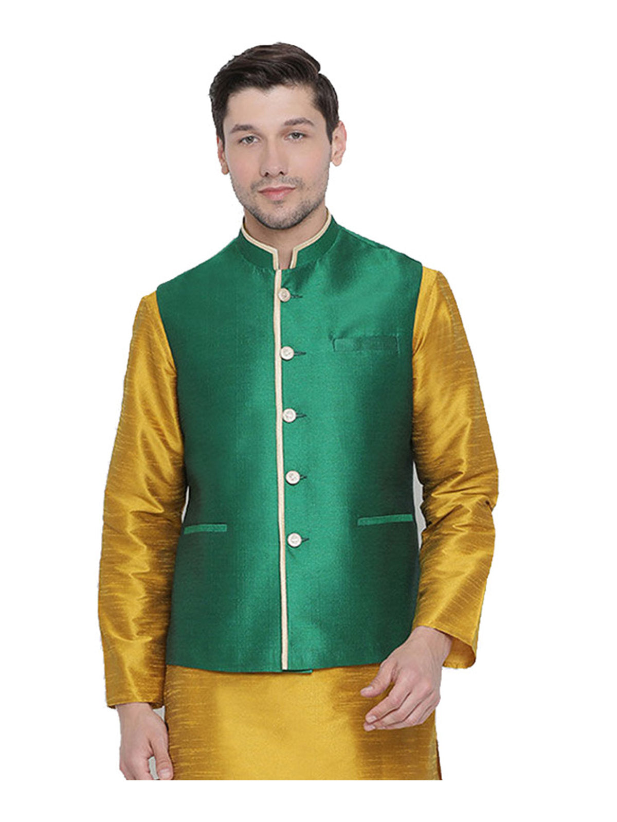 Men's Green  Nehru Jacket Banglori Silk Jodhpuri Mandarin Collar Sleeveless Solid Waistcoat