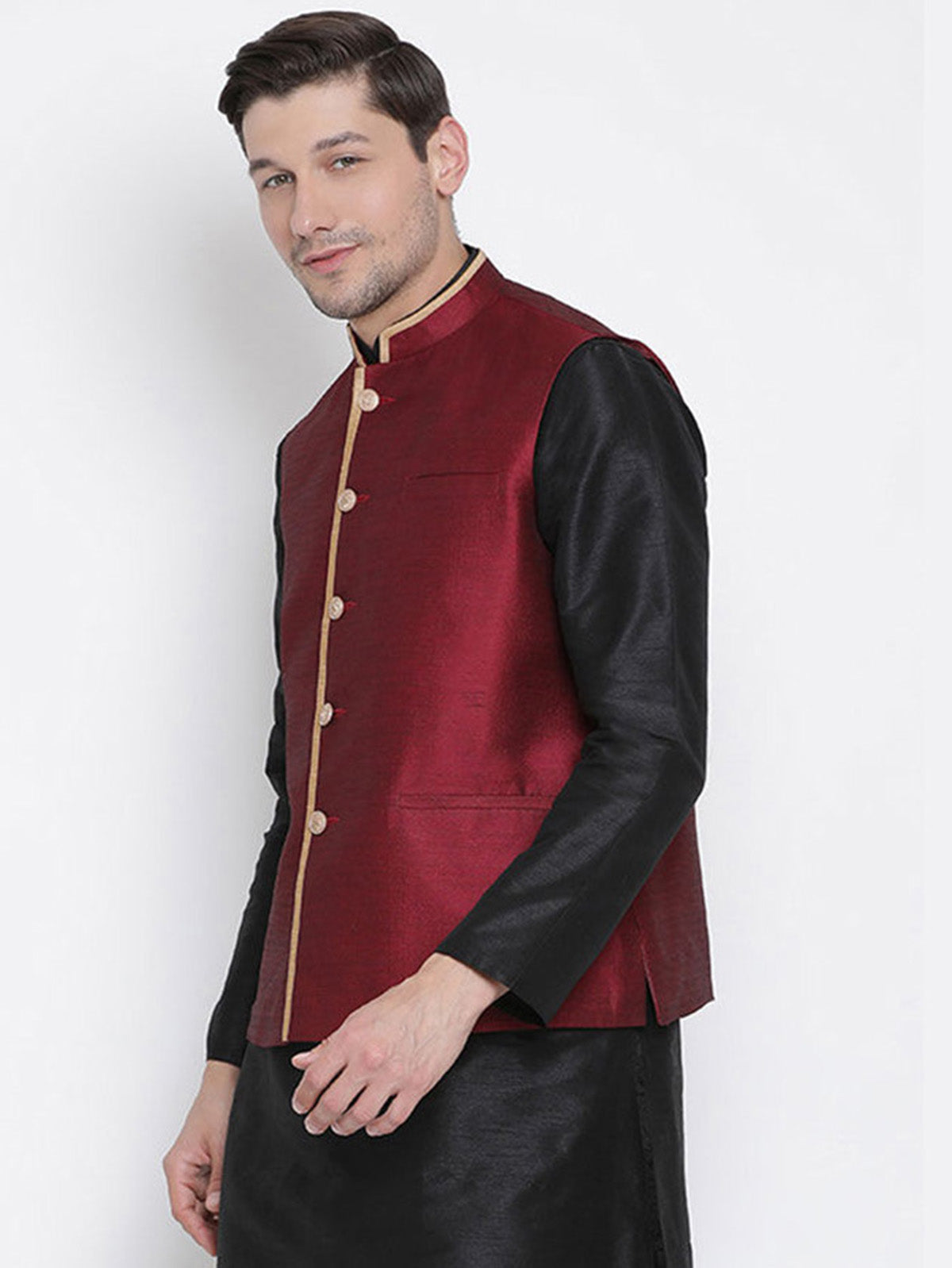 Men's maroon  Nehru Jacket Banglori Silk Jodhpuri Mandarin Collar Sleeveless Solid Waistcoat