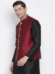 Men's maroon  Nehru Jacket Banglori Silk Jodhpuri Mandarin Collar Sleeveless Solid Waistcoat