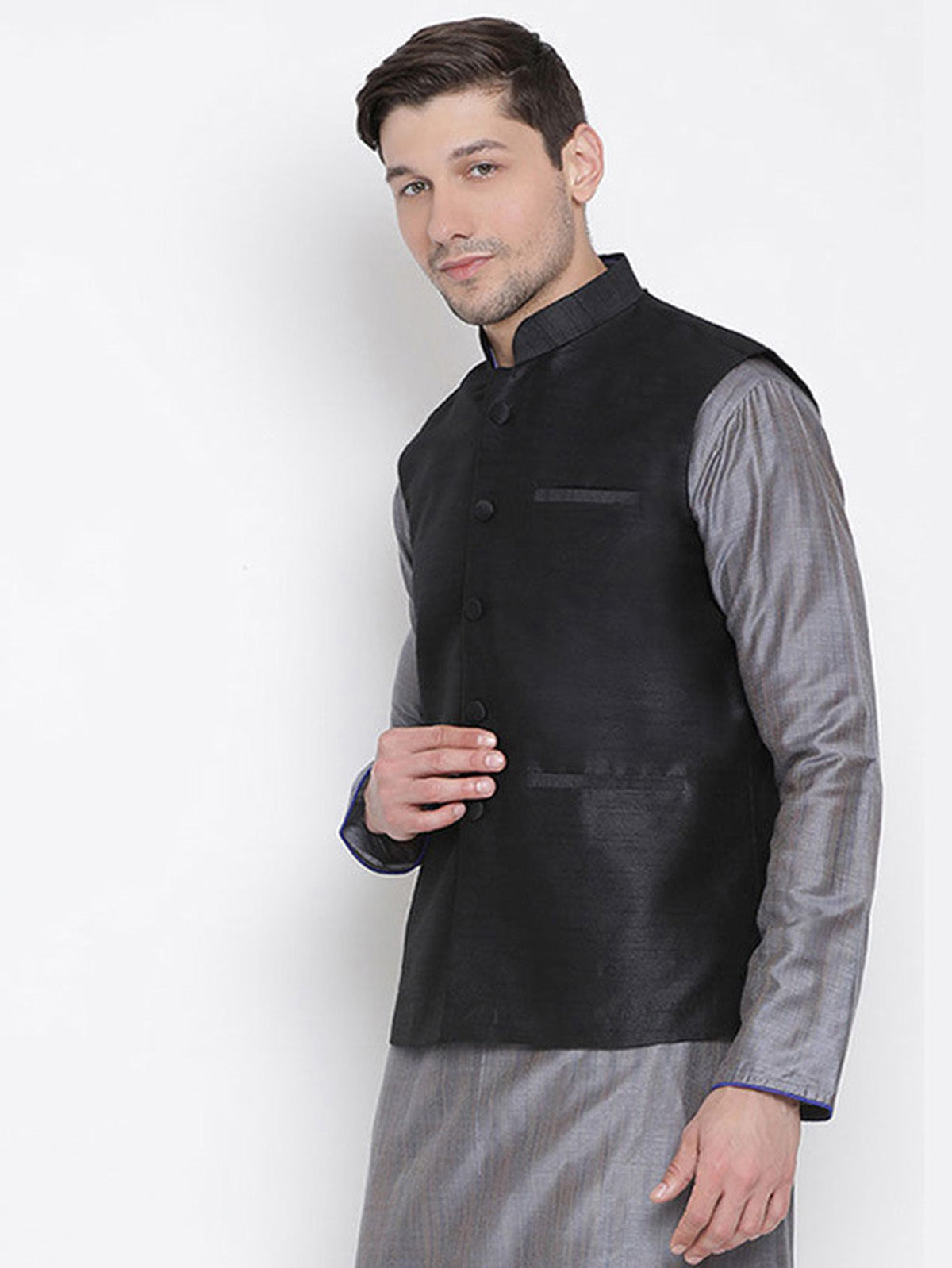 Men's Black Color Indian Nehru Jacket||Banglori Silk Jodhpuri Mandarin Collar Sleeveless Solid Waistcoat