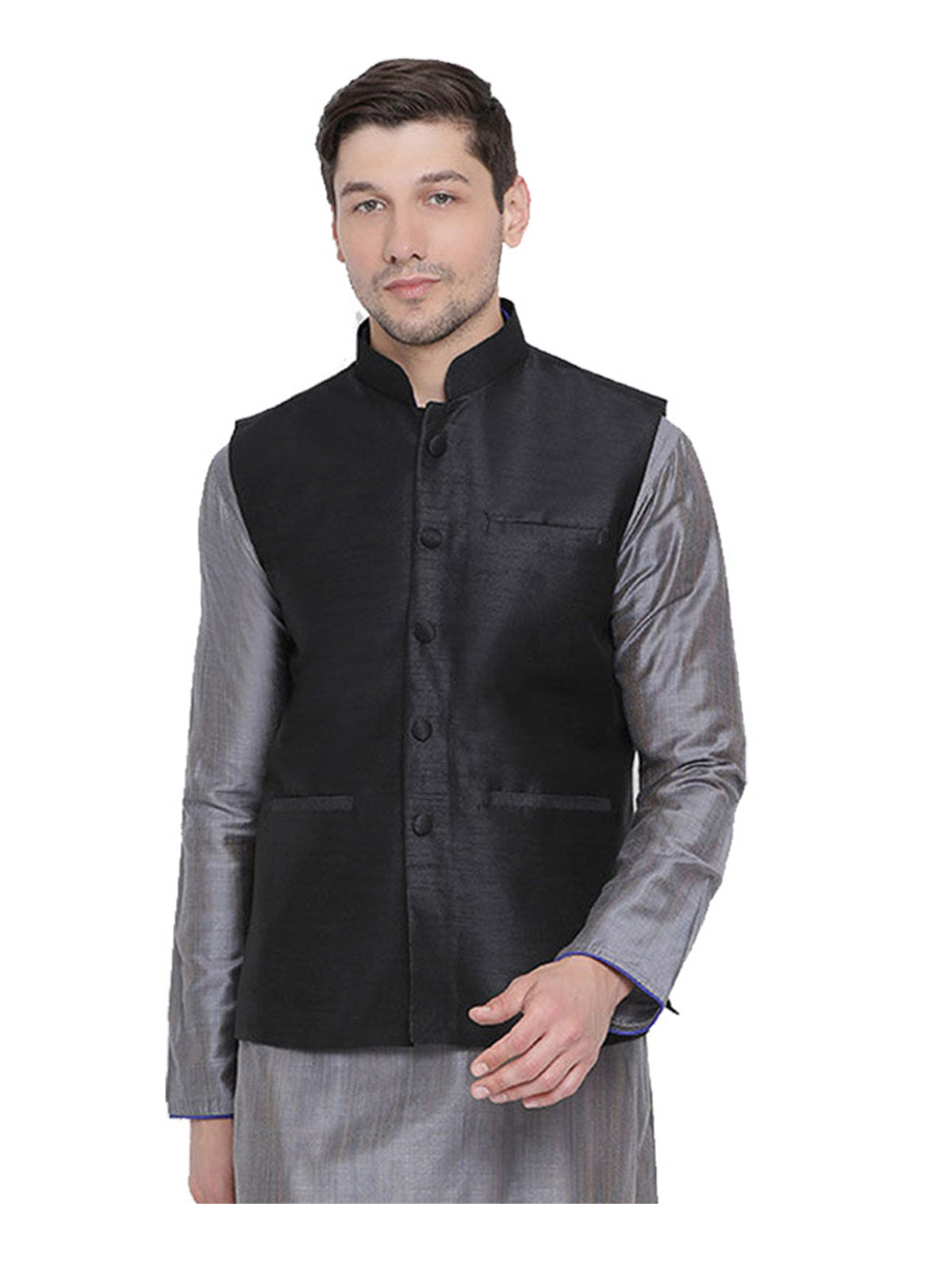 Men's Black Color Indian Nehru Jacket||Banglori Silk Jodhpuri Mandarin Collar Sleeveless Solid Waistcoat