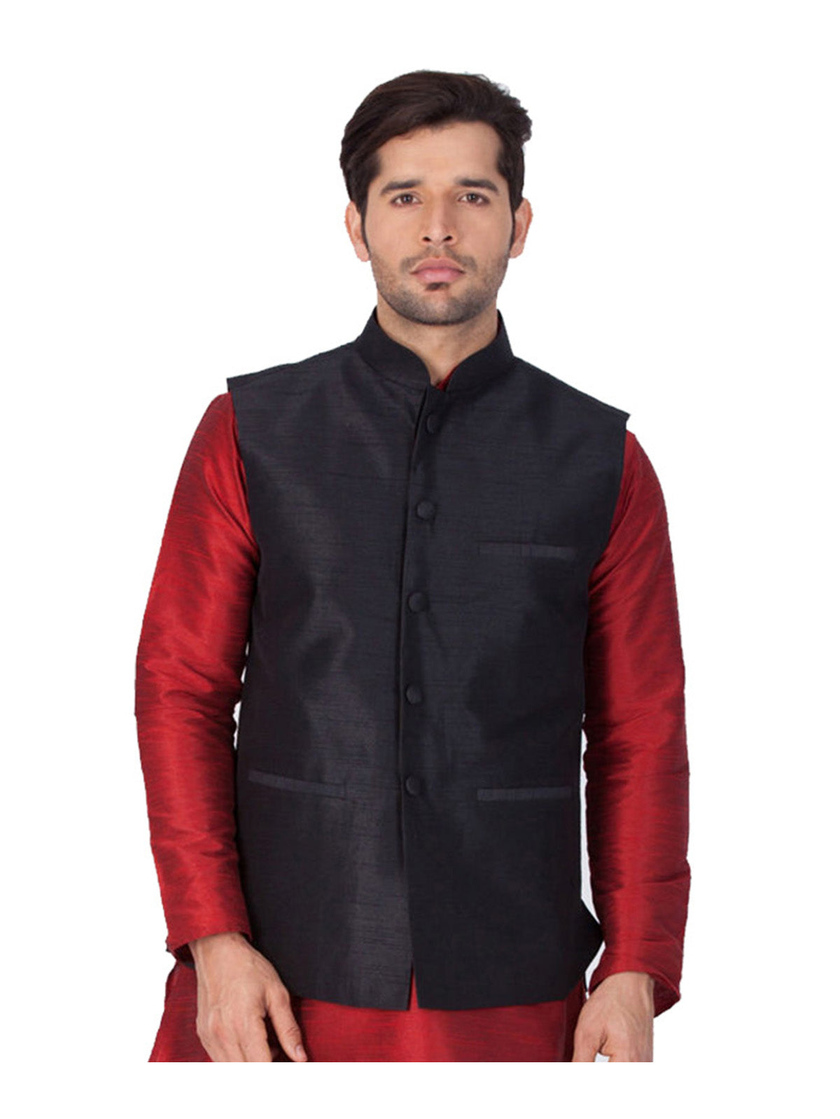 Men's Black Color Indian Nehru Jacket||Banglori Silk Jodhpuri Mandarin Collar Sleeveless Solid Waistcoat