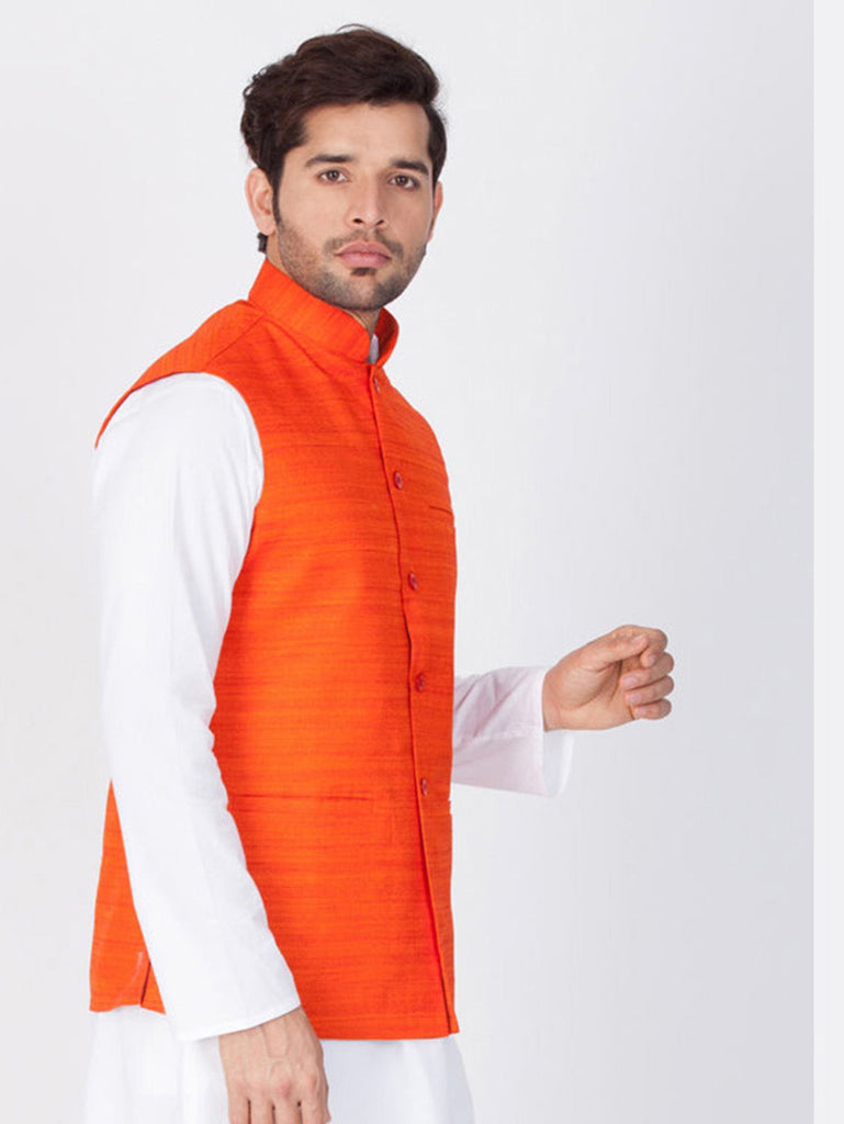 Men's Orange Color Indian Nehru Jacket||Banglori Silk Jodhpuri Mandarin Collar Sleeveless Solid Waistcoat