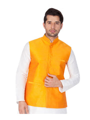 Men's Yellow Color Indian Nehru Jacket||Banglori Silk Jodhpuri Mandarin Collar Sleeveless Solid Waistcoat