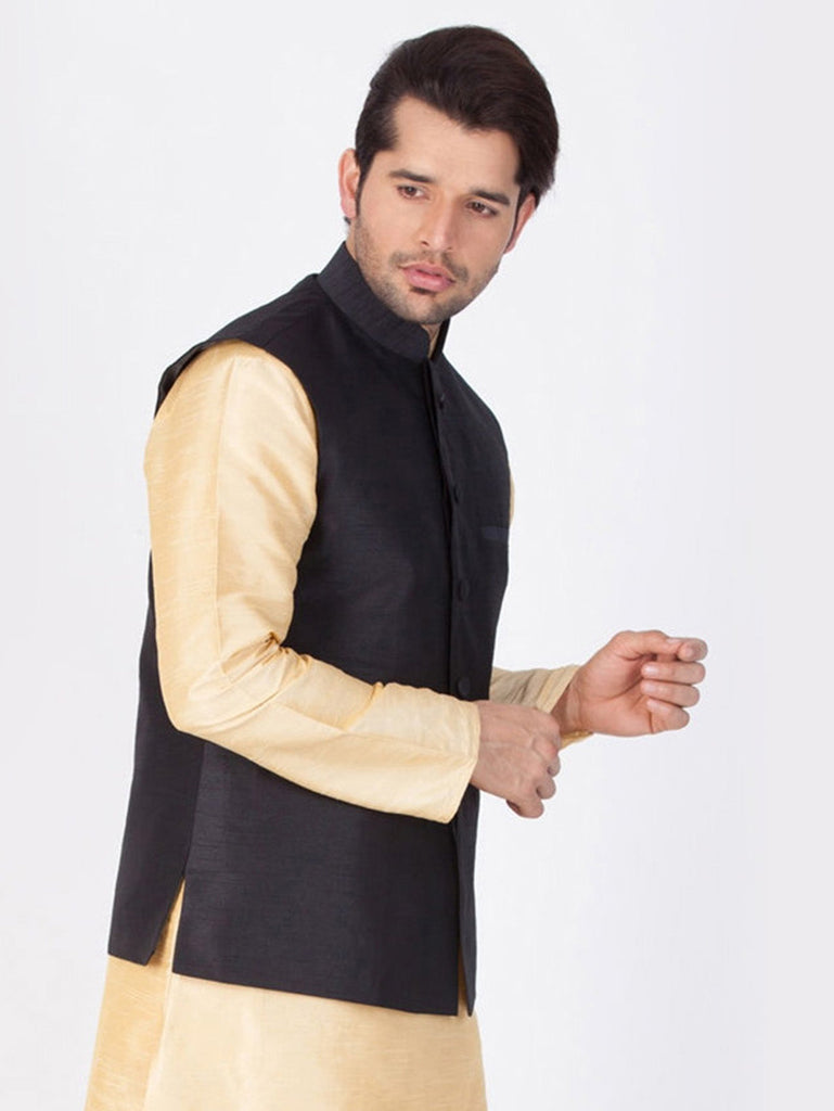 Men's Black Color Indian Nehru Jacket||Banglori Silk Jodhpuri Mandarin Collar Sleeveless Solid Waistcoat