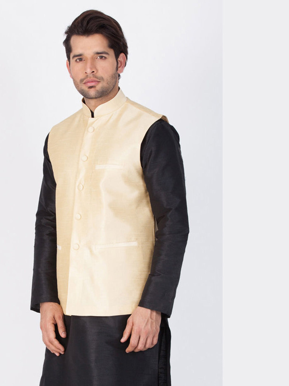 Men's Cream  Nehru Jacket Banglori Silk Jodhpuri Mandarin Collar Sleeveless Solid Waistcoat