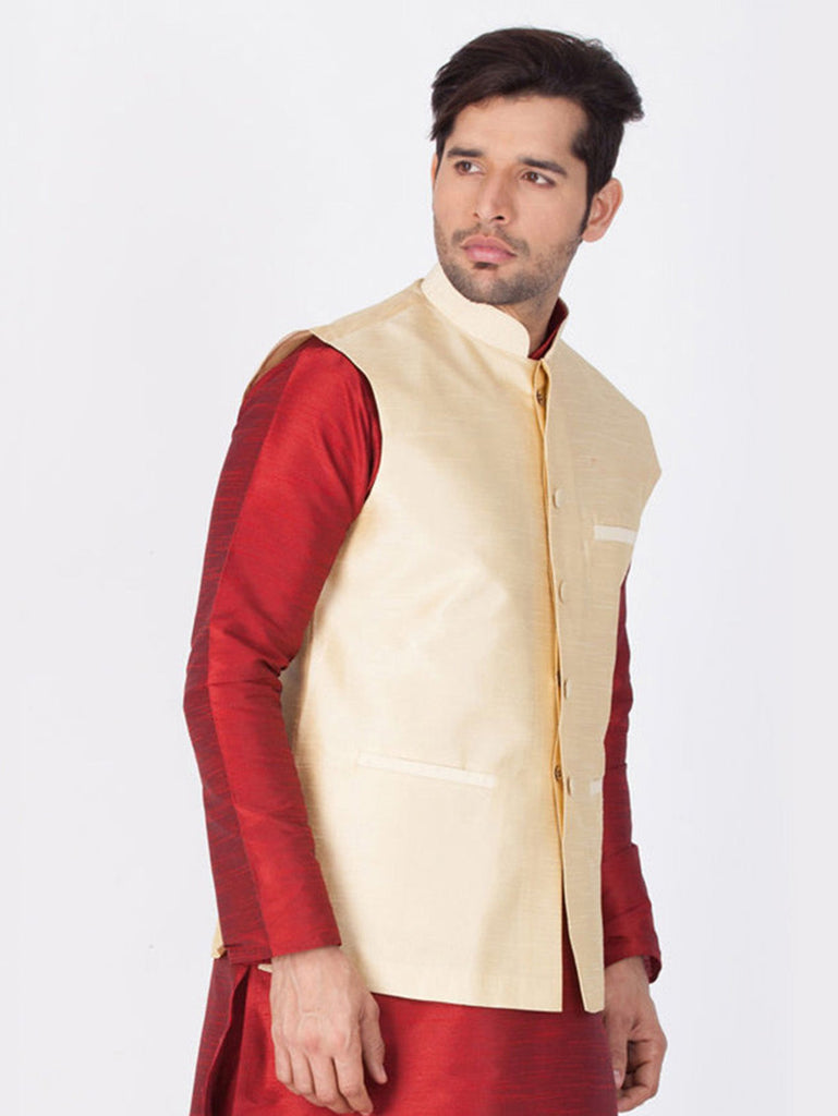 Men's Cream Color Indian Nehru Jacket||Banglori Silk Jodhpuri Mandarin Collar Sleeveless Solid Waistcoat