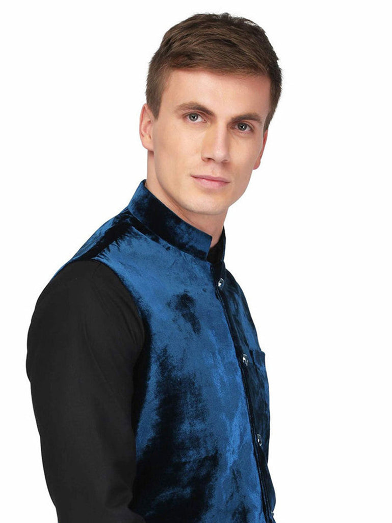 Men's Navy Blue Color Indian Nehru Jacket||Velvet Jodhpuri Mandarin Collar Sleeveless Solid Waistcoat