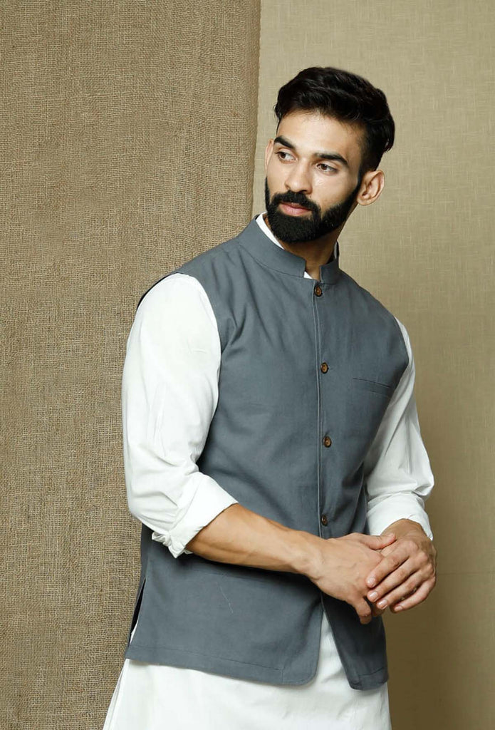 Men's Gray Color Indian Nehru Jacket||Cotton Jodhpuri Mandarin Collar Sleeveless Solid Waistcoat