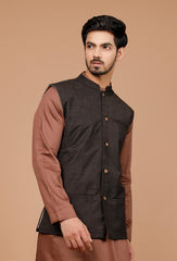 Men's Coffee  Nehru Jacket Cotton Jodhpuri Mandarin Collar Sleeveless Solid Waistcoat