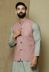 Men's Pink  Nehru Jacket Cotton Jodhpuri Round Neck Sleeveless Solid Waistcoat