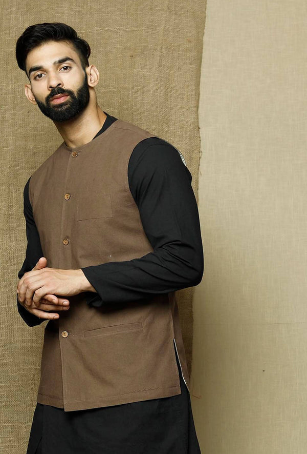 Men's Brown Color Indian Nehru Jacket||Cotton Jodhpuri Round Neck Sleeveless Solid Waistcoat