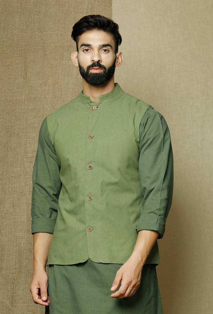 Men's Green Color Indian Nehru Jacket||Cotton Jodhpuri Mandarin Collar Sleeveless Solid Waistcoat