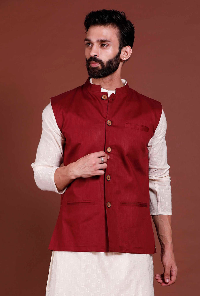 Men's Red Color Indian Nehru Jacket||Cotton Jodhpuri Mandarin Collar Sleeveless Solid Waistcoat