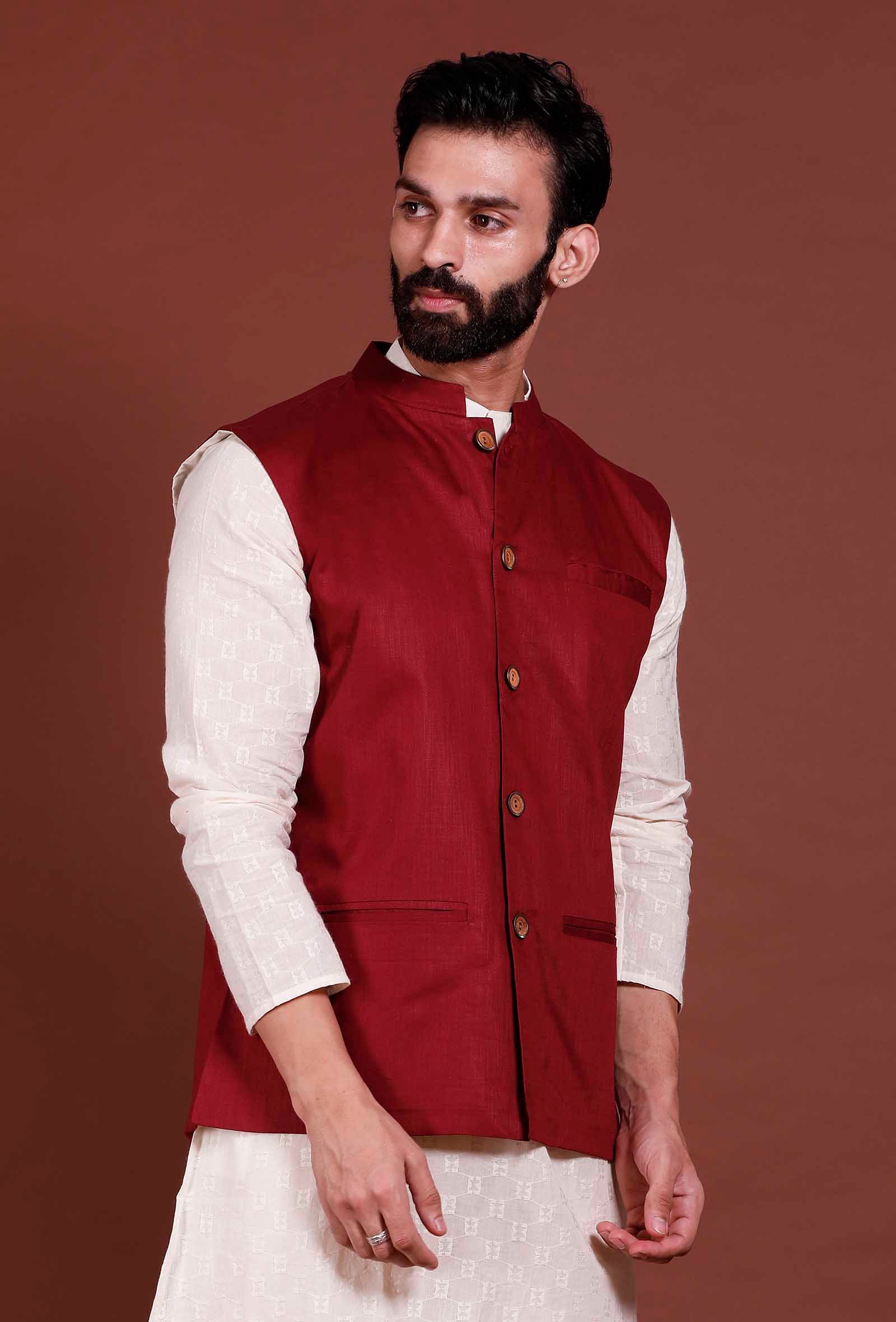 Men's Red Color Indian Nehru Jacket||Cotton Jodhpuri Mandarin Collar Sleeveless Solid Waistcoat