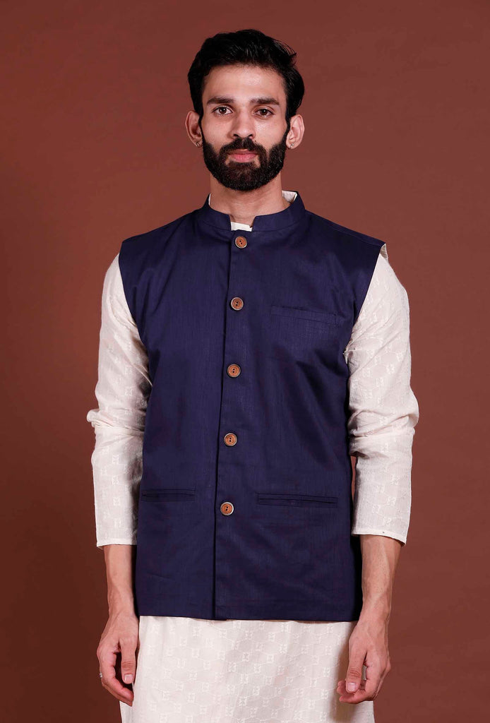 Men's Navy Blue Color Indian Nehru Jacket||Cotton Jodhpuri Mandarin Collar Sleeveless Solid Waistcoat