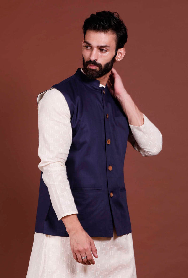 Men's Navy Blue Color Indian Nehru Jacket||Cotton Jodhpuri Mandarin Collar Sleeveless Solid Waistcoat