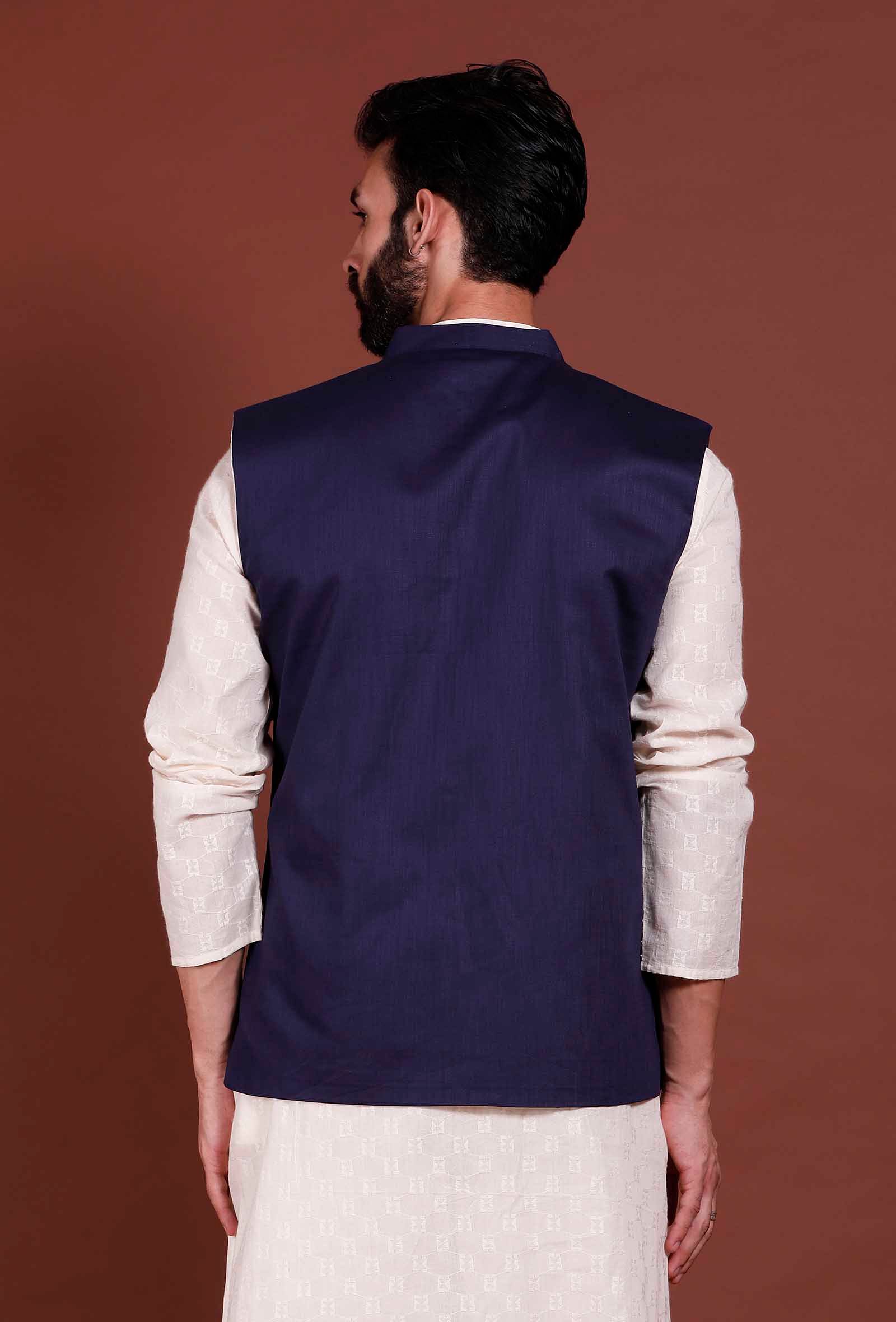 Men's Navy Blue Color Indian Nehru Jacket||Cotton Jodhpuri Mandarin Collar Sleeveless Solid Waistcoat