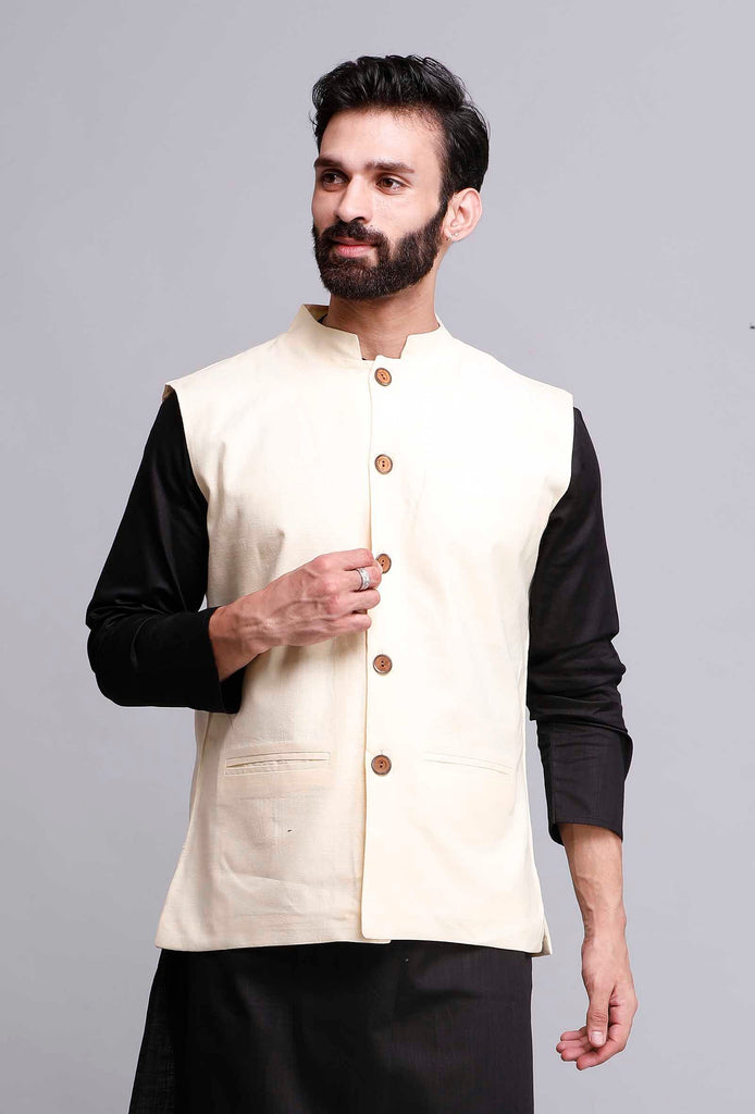 Men's Off White Color Indian Nehru Jacket||Cotton Jodhpuri Mandarin Collar Sleeveless Solid Waistcoat