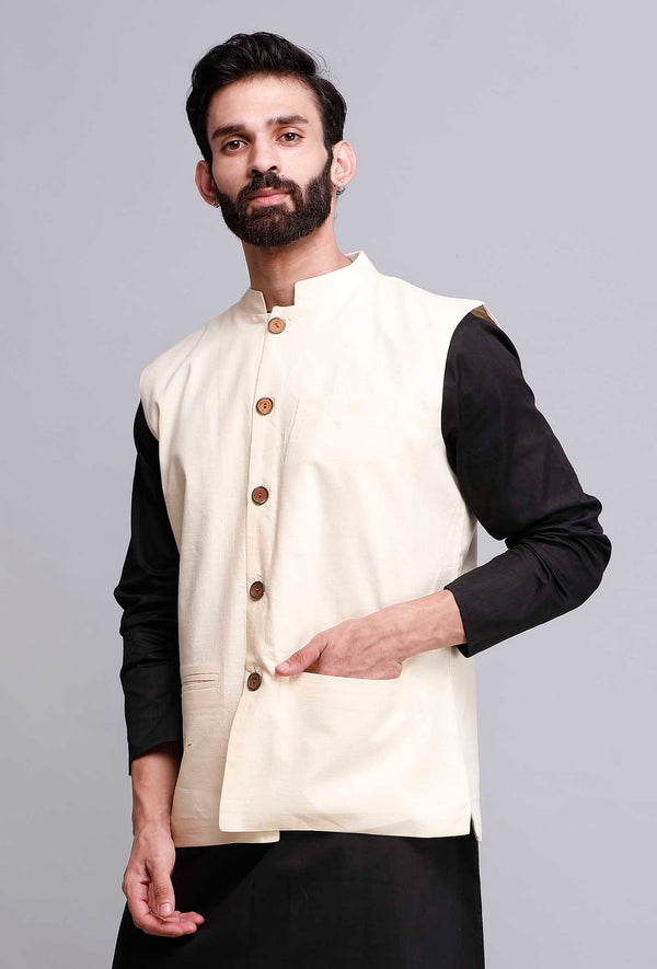Men's Off White Color Indian Nehru Jacket||Cotton Jodhpuri Mandarin Collar Sleeveless Solid Waistcoat