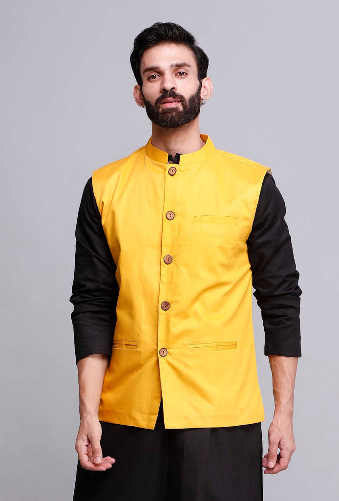 Men's Yellow Color Indian Nehru Jacket||Cotton Jodhpuri Mandarin Collar Sleeveless Solid Waistcoat