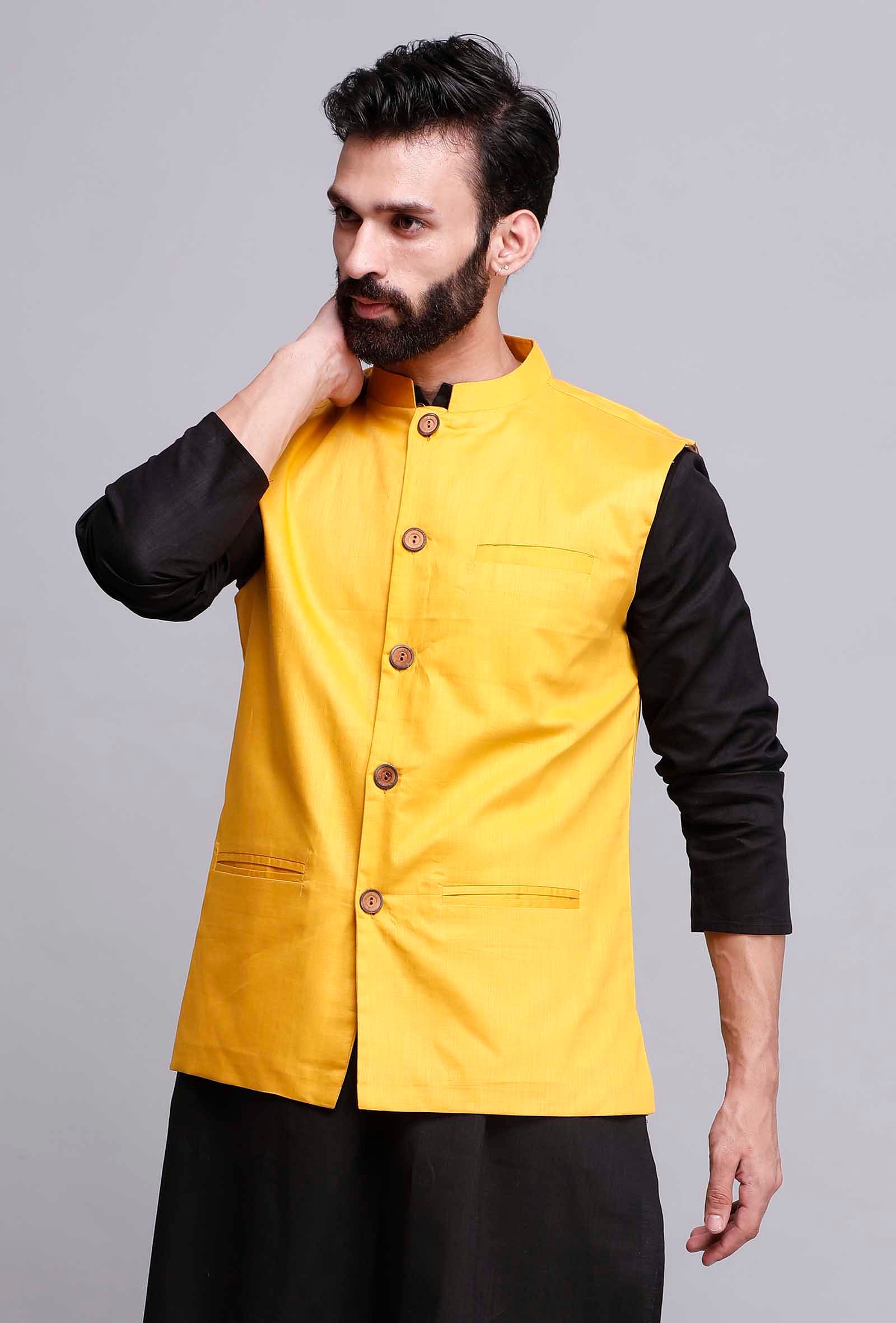 Men Yellow Cotton Solid Waistcoat