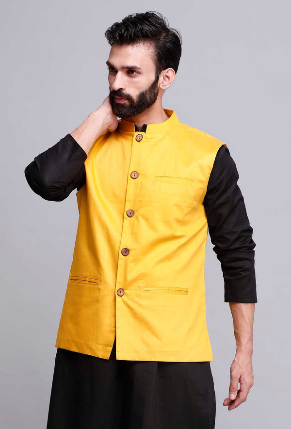 Men's Yellow Color Indian Nehru Jacket||Cotton Jodhpuri Mandarin Collar Sleeveless Solid Waistcoat
