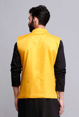 Men Yellow Cotton Solid Waistcoat