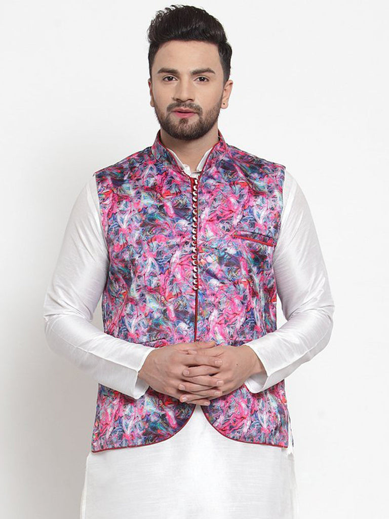 Men's Multi Color Indian Nehru Jacket||Satin Jodhpuri Mandarin Collar Sleeveless Abstract Print Waistcoat