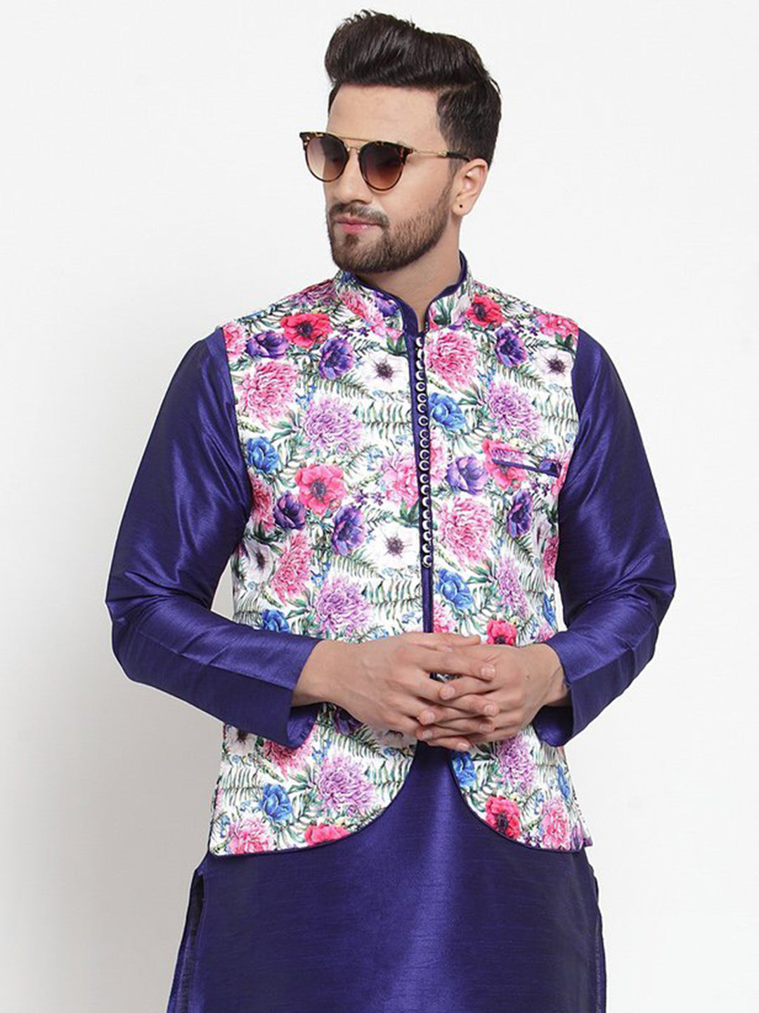 Men Satin Floral Print Nehru Jacket