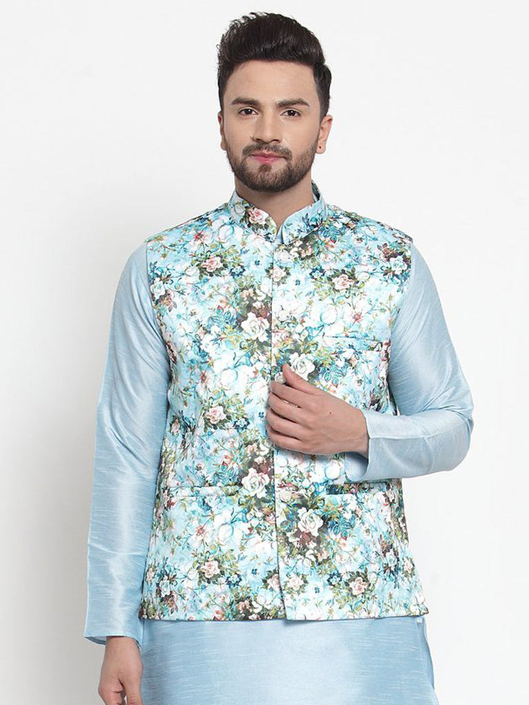 Men's Multi Color Indian Nehru Jacket||Satin Jodhpuri Mandarin Collar Sleeveless Floral Print Waistcoat