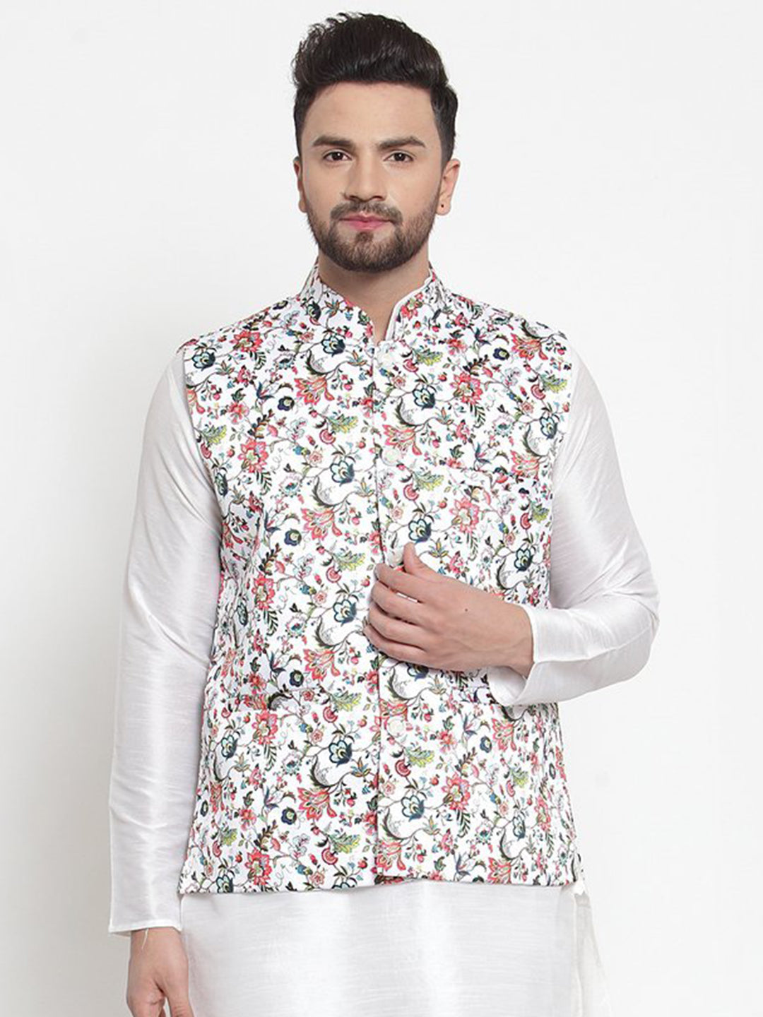 Men's Multi Color Indian Nehru Jacket||Satin Jodhpuri Mandarin Collar Sleeveless Floral Print Waistcoat