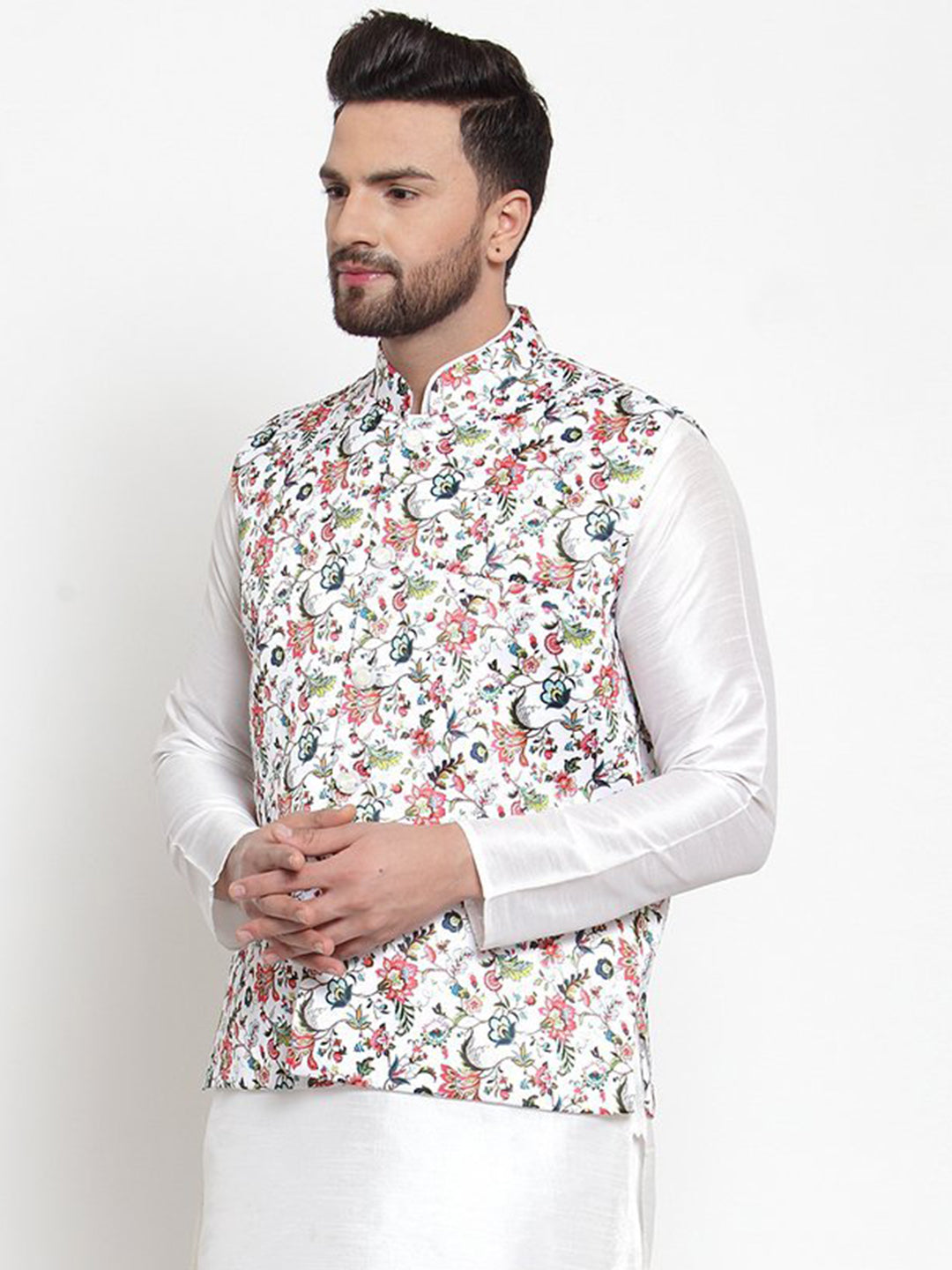 Men's Multi Color Indian Nehru Jacket||Satin Jodhpuri Mandarin Collar Sleeveless Floral Print Waistcoat