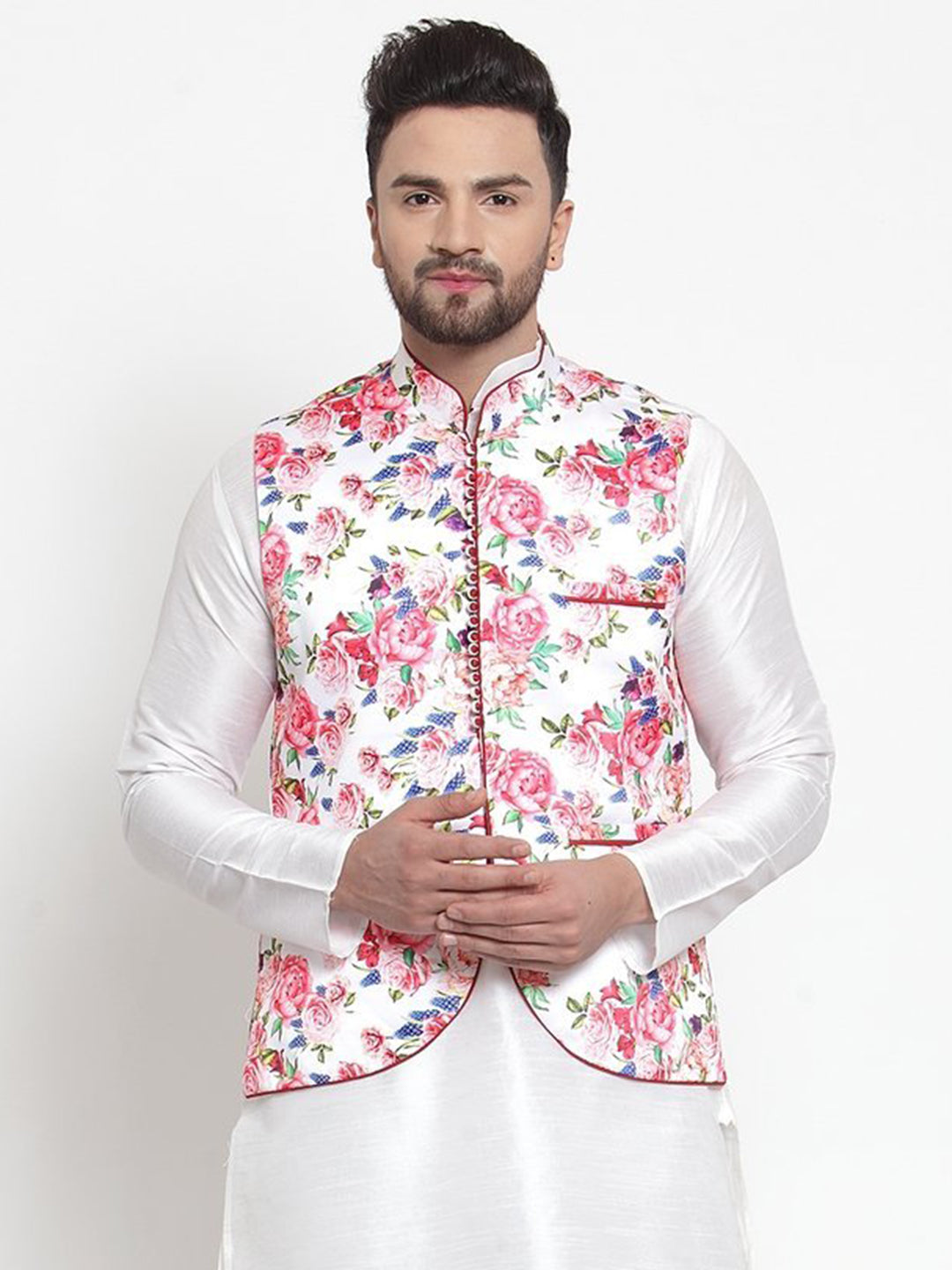 Men's Multi Color Indian Nehru Jacket||Satin Jodhpuri Mandarin Collar Sleeveless Floral Print Waistcoat