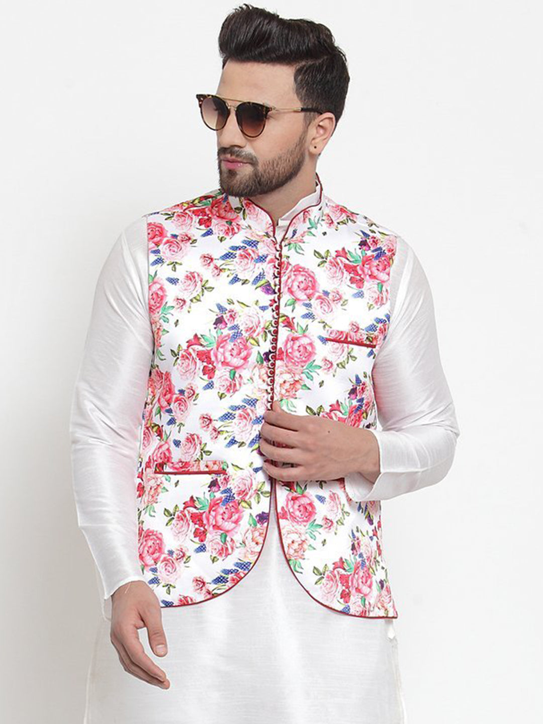 Men's Multi Color Indian Nehru Jacket||Satin Jodhpuri Mandarin Collar Sleeveless Floral Print Waistcoat