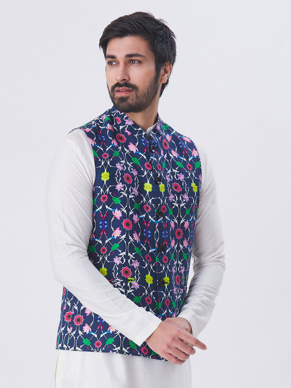 Men's Multi Color Indian Nehru Jacket||Satin Jodhpuri Mandarin Collar Sleeveless Floral Print Waistcoat