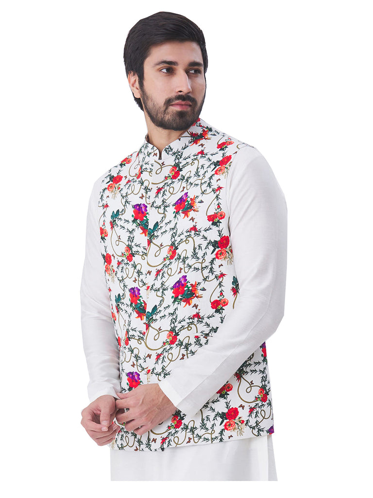 Men's Multi Color Indian Nehru Jacket||Satin Jodhpuri Mandarin Collar Sleeveless Floral Print Waistcoat