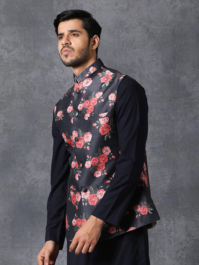 Men's Black Color Indian Nehru Jacket||Satin Jodhpuri Mandarin Collar Sleeveless Floral Print Waistcoat