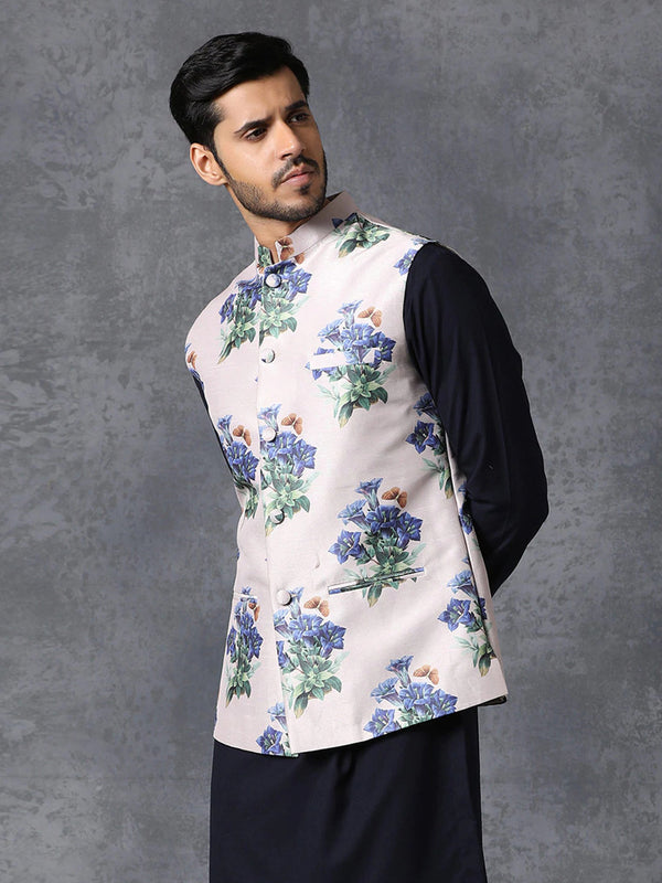 Men's White Color Indian Nehru Jacket||Satin Jodhpuri Mandarin Collar Sleeveless Floral Print Waistcoat