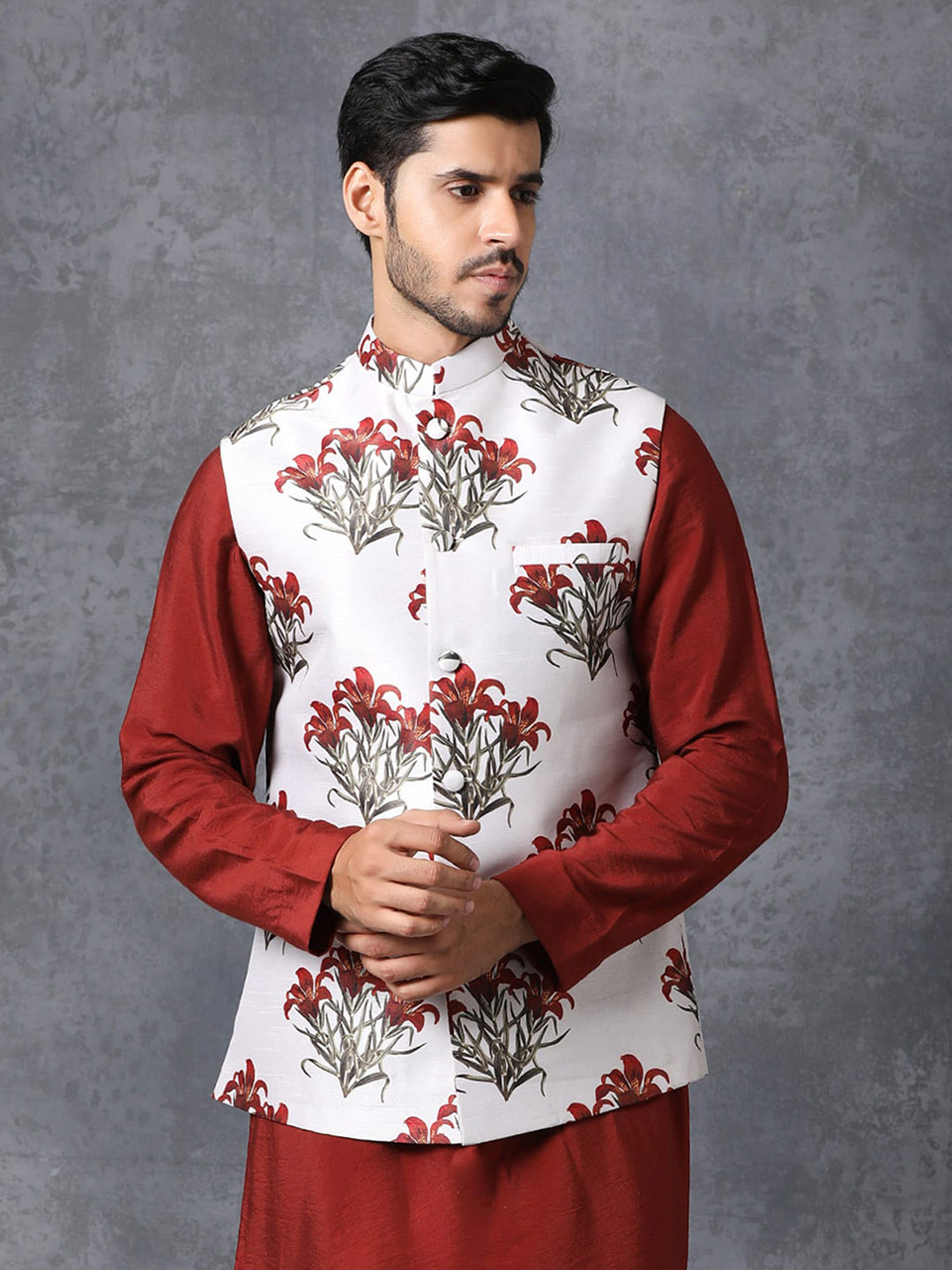 Men White Satin Jodhpuri Floral Print Waistcoat