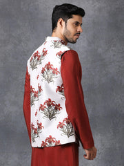 Men White Satin Jodhpuri Floral Print Waistcoat