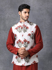 Men White Satin Jodhpuri Floral Print Waistcoat