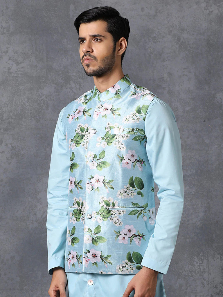 Men's Turquoise Color Indian Nehru Jacket||Satin Jodhpuri Mandarin Collar Sleeveless Floral Print Waistcoat