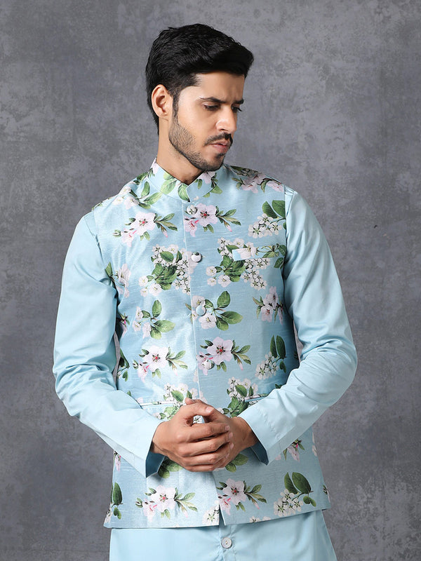 Men's Turquoise Color Indian Nehru Jacket||Satin Jodhpuri Mandarin Collar Sleeveless Floral Print Waistcoat