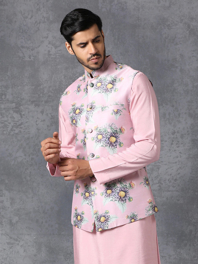 Men's Pink Color Indian Nehru Jacket||Satin Jodhpuri Mandarin Collar Sleeveless Floral Print Waistcoat