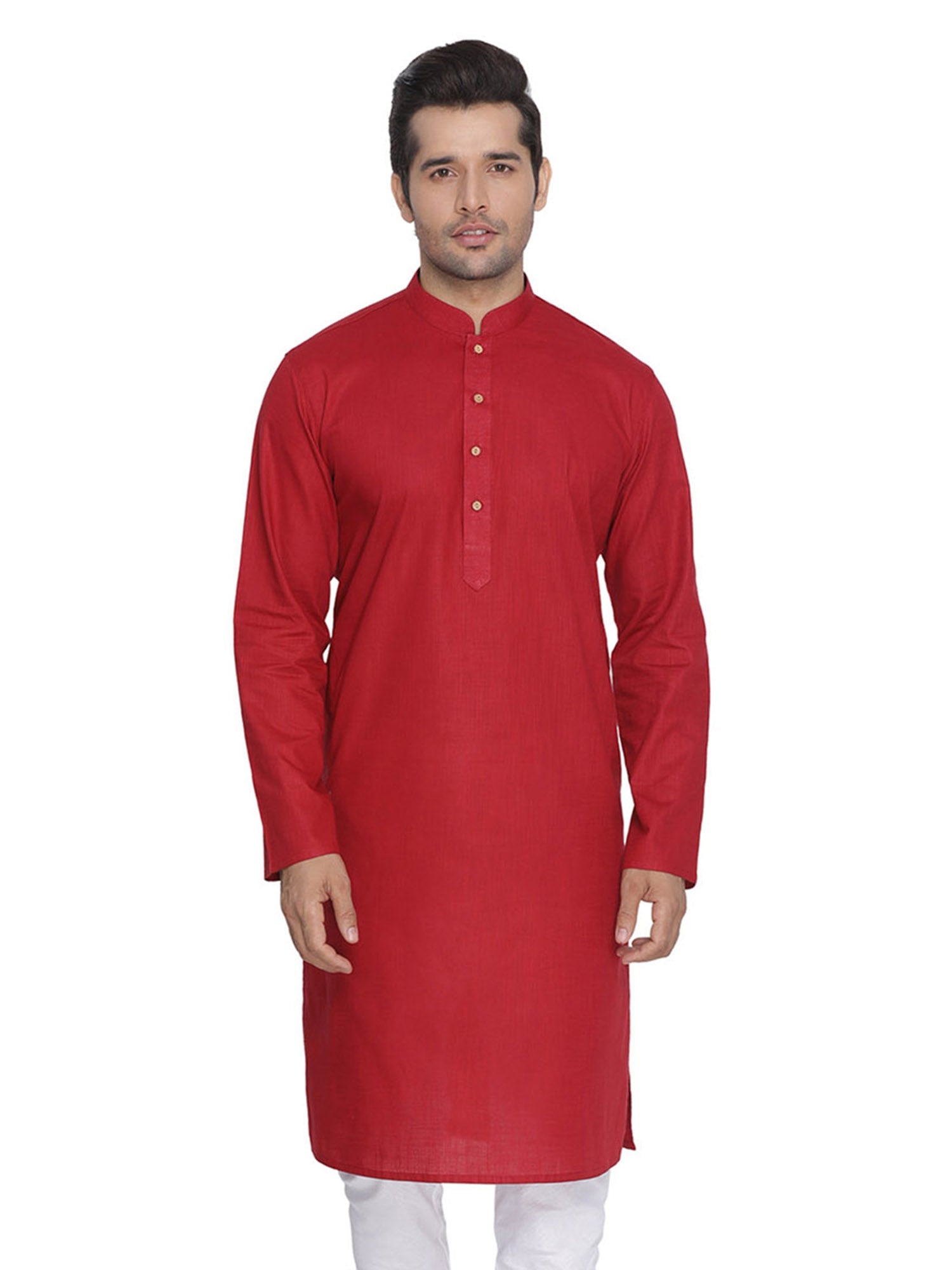 Men's Red Solid Cotton Kurta Pajama Set